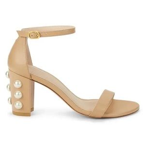 STUART WEITZMAN NearlyNude Pearls Tan Leather Block-Heel Sandals